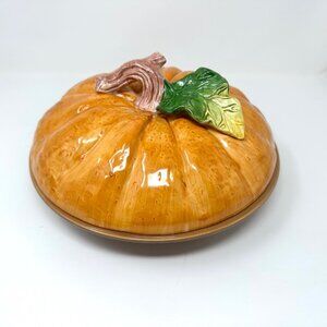 Vintage Pumpkin Ceramic Pie Holder by Cooks Club 2 Pieces Pie Pan and Lid Cute!